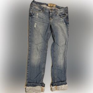 Hint Women’s Denim Ankle cropped Jeans Pants Blue Distressed Size 9